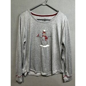 Laura Ashley Womens Gray Snowman Cardinal Long Sleeve Pajama Top Shirt Large